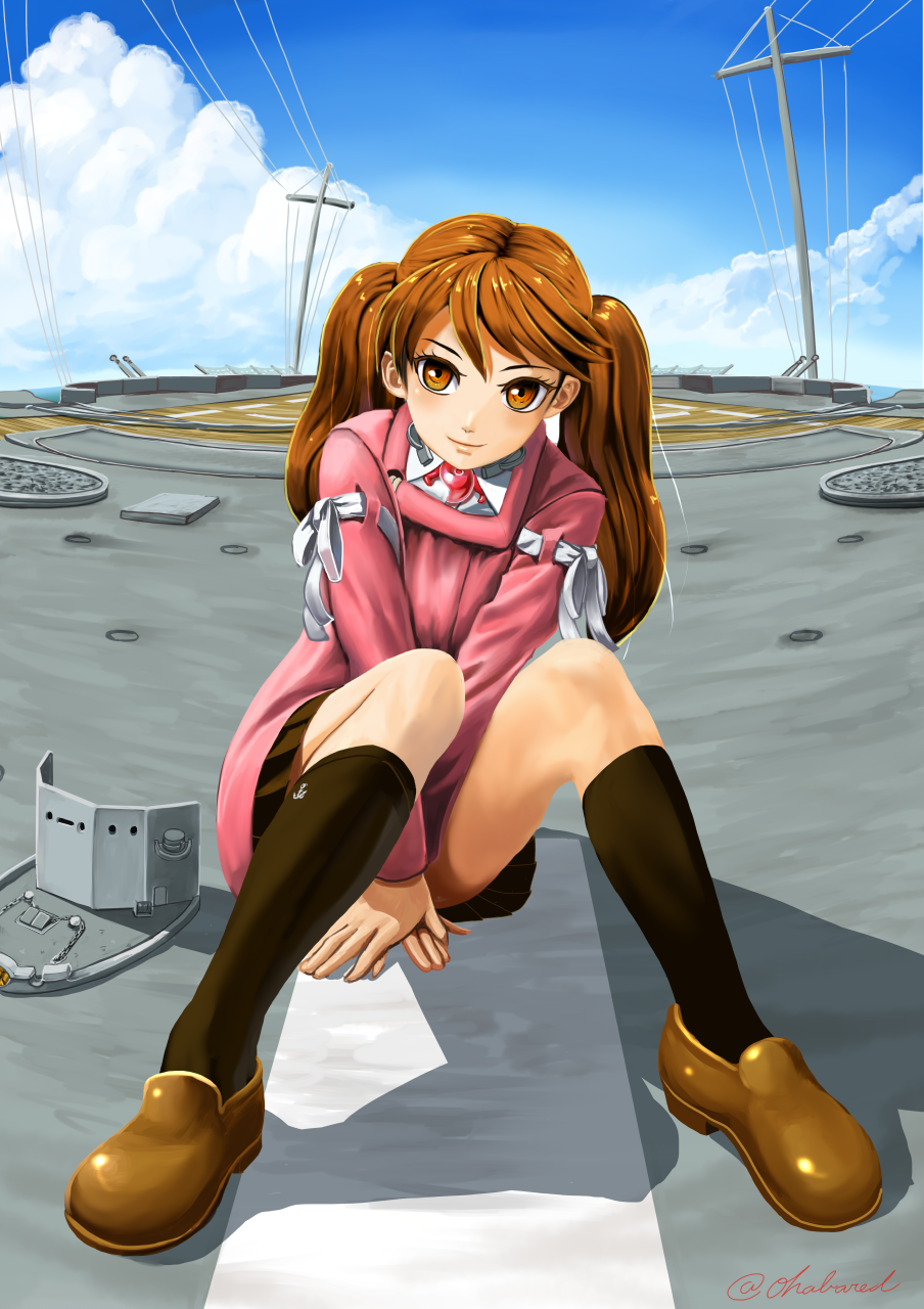 1girl abazu-red anchor_symbol black_legwear blue_sky brown_eyes brown_hair clouds cloudy_sky commentary_request flight_deck headwear_removed highres japanese_clothes kantai_collection kariginu long_hair long_sleeves looking_at_viewer magatama military military_vehicle pleated_skirt ryuujou_(aircraft_carrier) ryuujou_(kantai_collection) ship shoes sitting skirt sky smile socks solo twintails visor_cap warship watercraft