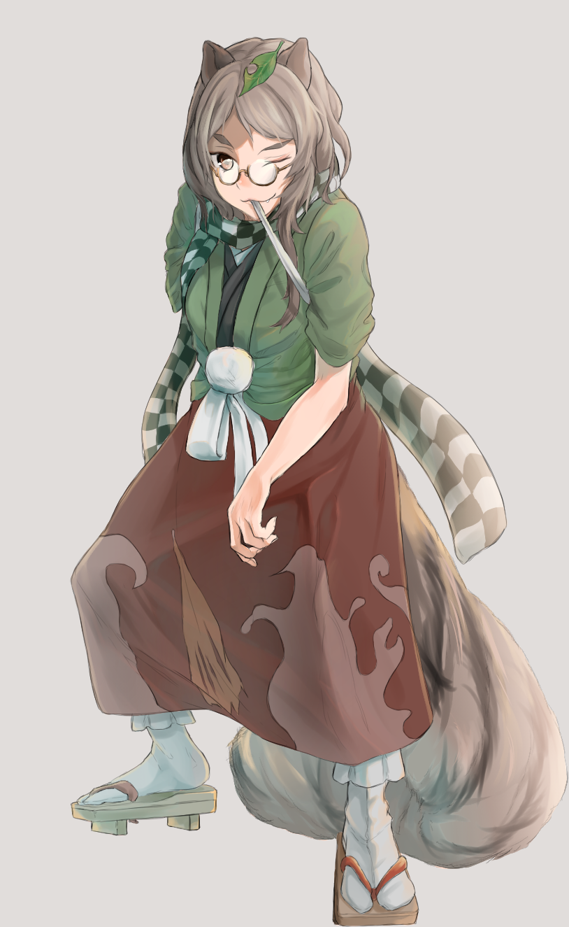 1girl animal_ears breasts brown_eyes brown_hair brown_skirt checkered_scarf eyebrows full_body futatsuiwa_mamizou glasses green_shirt highres hofuriko japanese_clothes leaf leaf_on_head medium_breasts mouth_hold one_eye_closed pince-nez raccoon_ears raccoon_tail scarf shirt short_sleeves simple_background skirt solo tabi tail thick_eyebrows touhou white_legwear