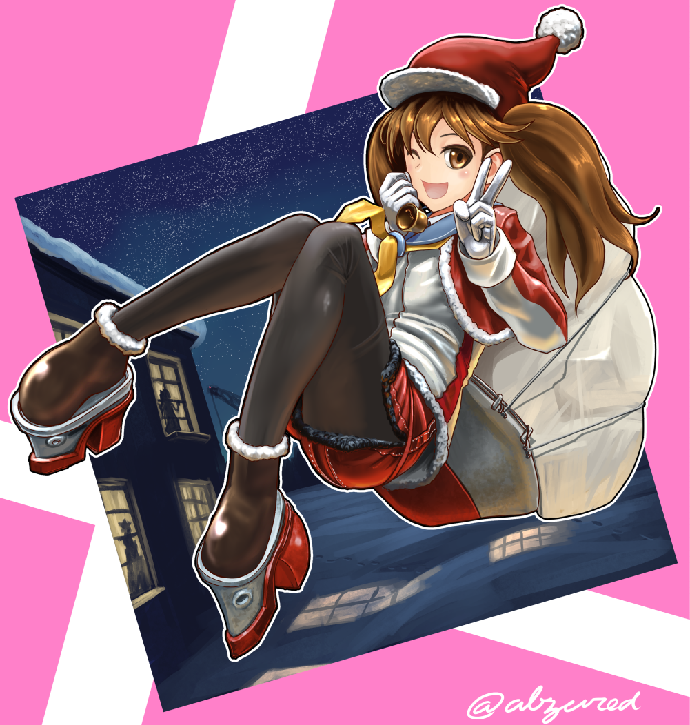 1girl ;d abazu-red bell black_legwear brown_eyes brown_hair commentary_request gloves hat kantai_collection long_hair looking_at_viewer machinery one_eye_closed open_mouth pantyhose ryuujou_(kantai_collection) santa_hat school_uniform serafuku shorts smile solo twintails v white_gloves