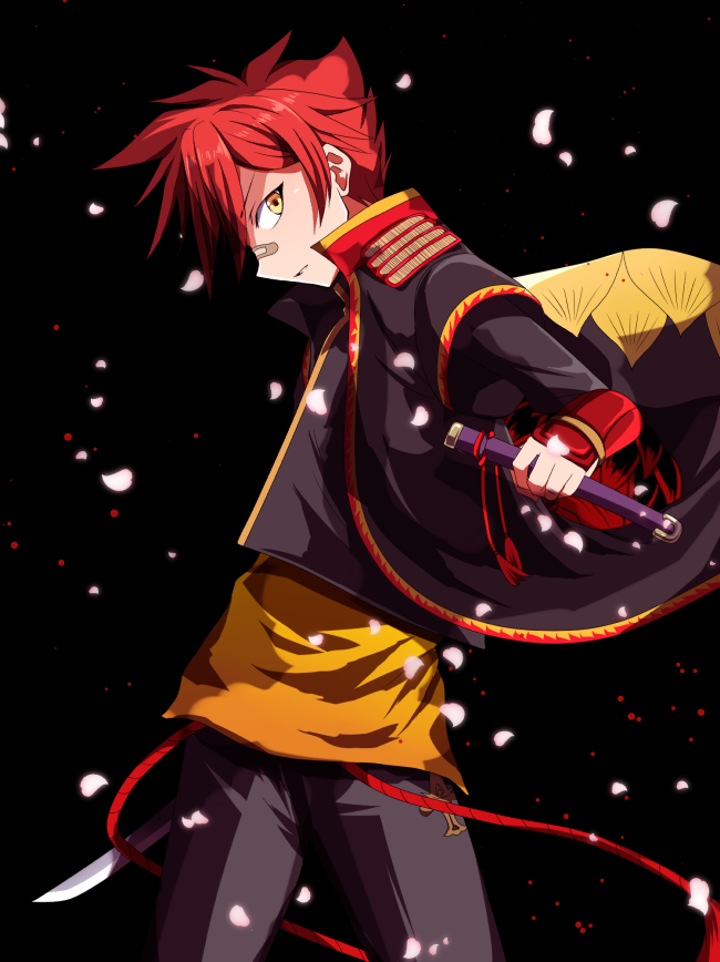 1boy aizen_kunitoshi armor bandaid bandaid_on_nose cimeri coat japanese_armor kiwame_(touken_ranbu) male_focus petals redhead sode sword tantou touken_ranbu weapon yellow_eyes