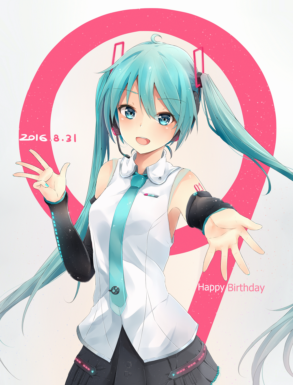 1girl aqua_eyes aqua_hair dated detached_sleeves happy_birthday hatsune_miku headphones highres jenson_tw long_hair looking_at_viewer necktie open_mouth outstretched_arm smile solo twintails very_long_hair vocaloid