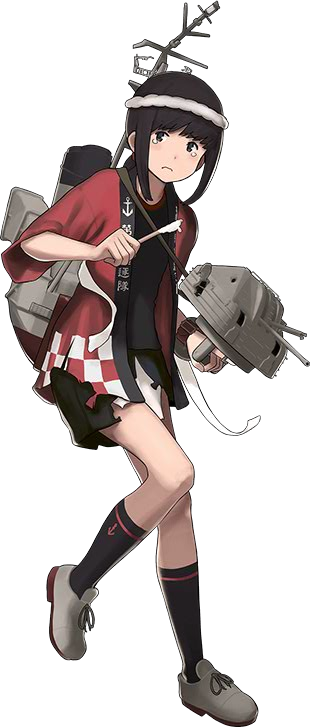 1girl anchor_print bangs blunt_bangs brown_eyes brown_hair checkered cotton_candy fubuki_(kantai_collection) hachimaki happi headband holding japanese_clothes kantai_collection nejiri_hachimaki official_art pleated_skirt remodel_(kantai_collection) rigging shibafu_(glock23) shirt skirt t-shirt tears torn_clothes torn_skirt transparent_background