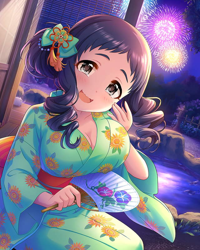 1girl alternate_hairstyle artist_request black_hair blush breasts brown_eyes cleavage drill_hair fan fireworks hair_ornament idolmaster idolmaster_cinderella_girls japanese_clothes kimono large_breasts long_hair night official_art oonuma_kurumi paper_fan ringlets smile solo tears wavy_mouth