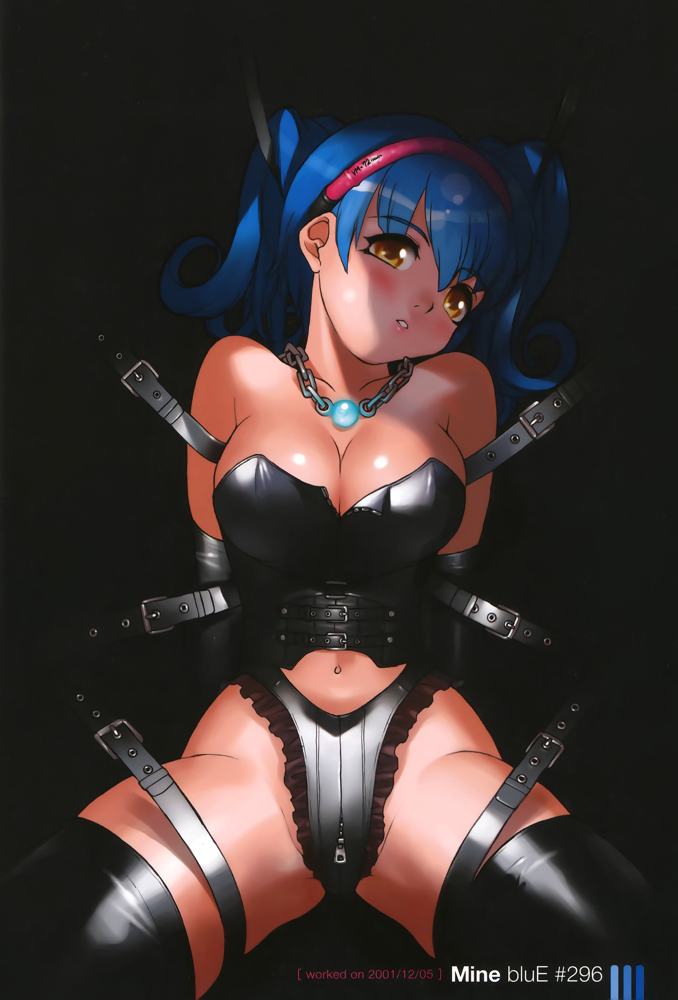 2001 bdsm belt black blue_hair breasts cleavage dated elbow_gloves gloves jewelry long_hair necklace os-tan parted_lips solo thigh-highs winchan yellow_eyes yoshizaki_mine