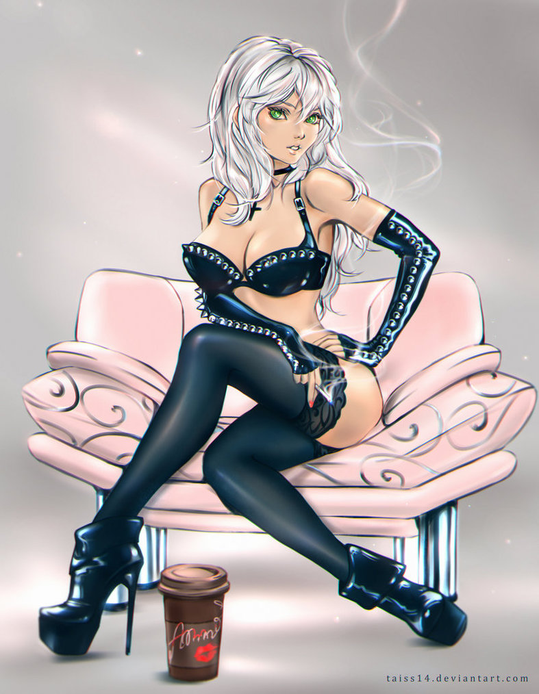 1girl bra breasts chair choker cleavage cross crossed_legs green_eyes hand_on_hip platform_footwear platform_heels silver_hair smoke smoking solo taiss14 thigh-highs underwear