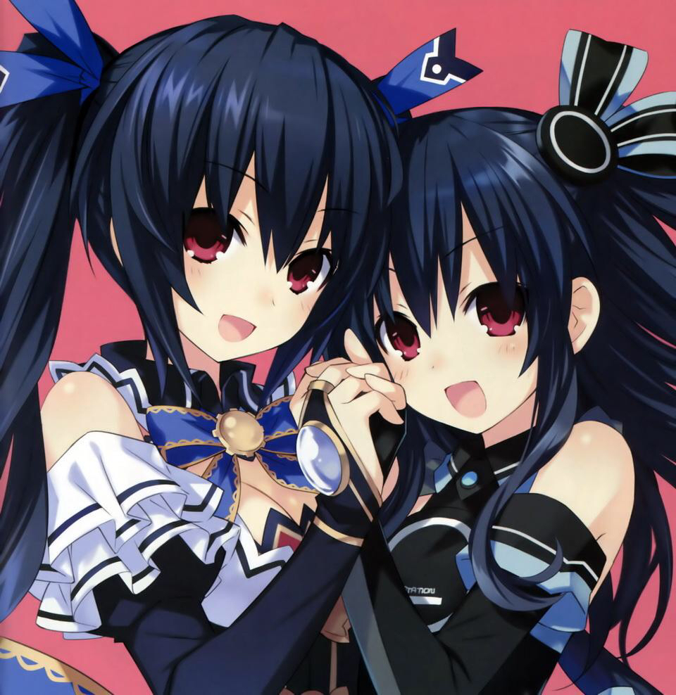 &gt;:d 2girls :d black_hair blue_ribbon blush bow breasts bridal_gauntlets choujigen_game_neptune choujigen_game_neptune_mk2 cleavage detached_collar eyebrows eyebrows_visible_through_hair hair_ornament hair_ribbon hands_together holding_hands long_hair looking_at_viewer medium_breasts multiple_girls neptune_(series) noire official_art open_mouth pink_background puffy_sleeves red_eyes ribbon siblings simple_background sisters smile tsunako twintails two_side_up uni_(choujigen_game_neptune) upper_body wing_collar