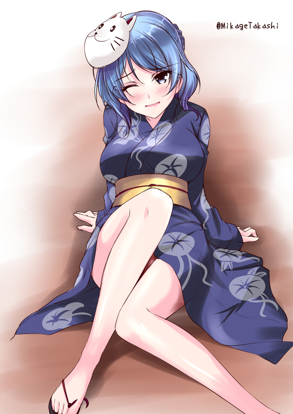 1girl ;d bare_legs blue_eyes blue_hair breasts commentary_request double_bun ears_visible_through_hair eyebrows eyebrows_visible_through_hair fox_mask japanese_clothes kantai_collection kimono large_breasts looking_at_viewer mask mikage_takashi obi one_eye_closed open_mouth sandals sash smile solo tripping twitter_username urakaze_(kantai_collection) yukata