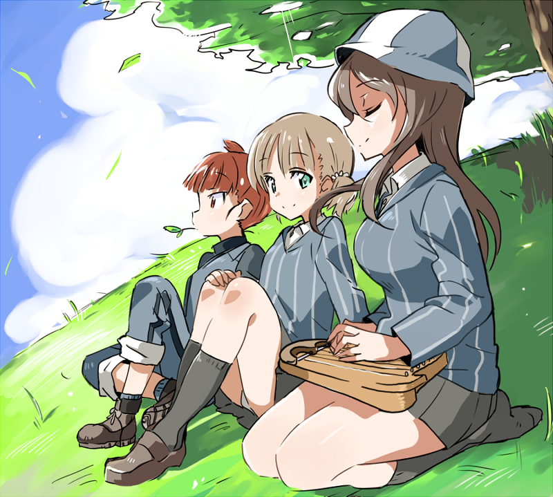 3girls aki_(girls_und_panzer) ankle_boots arm_support blue_shirt blue_sky boots breasts brown_hair brown_shoes closed_eyes clouds dress_shirt girls_und_panzer grass green_eyes grey_legwear grey_skirt hair_between_eyes hair_tie hand_on_own_knee hat hibiglasses hill instrument kantele leaf light_brown_hair loafers long_hair long_sleeves looking_at_another medium_breasts mika_(girls_und_panzer) mikko_(girls_und_panzer) military military_uniform miniskirt multiple_girls music no_shoes outdoors panties pants pants_rolled_up pantyshot pantyshot_(sitting) playing_instrument pleated_skirt red_eyes redhead school_uniform seiza shirt shoes short_hair short_twintails sitting skirt sky smile socks striped striped_shirt track_jersey track_pants tree twintails underwear uniform upskirt vertical-striped_shirt vertical_stripes white_panties white_shirt wind