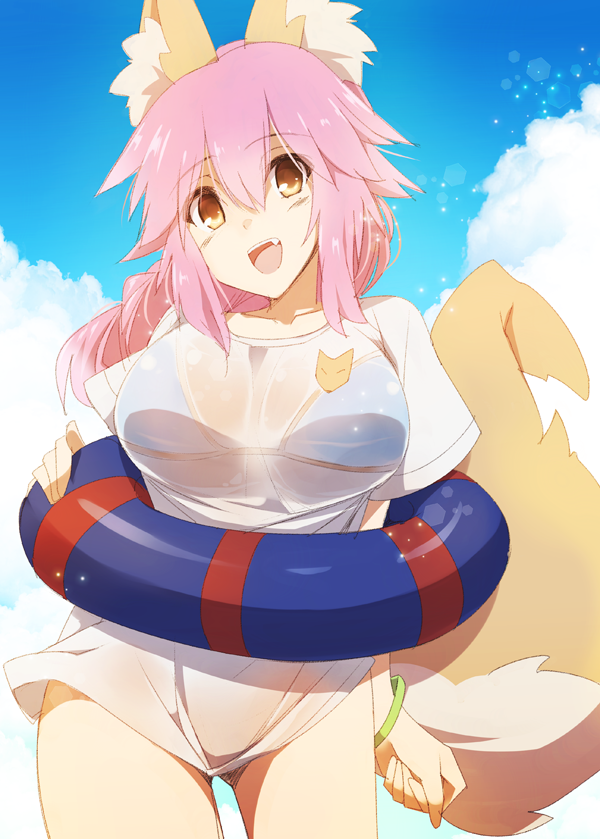 1girl animal_ears bikini breasts caster_(fate/extra) cleavage fang fate/extra fate/grand_order fate_(series) fox_ears fox_tail kurikara large_breasts looking_at_viewer open_mouth pink_hair see-through solo swimsuit tail yellow_eyes