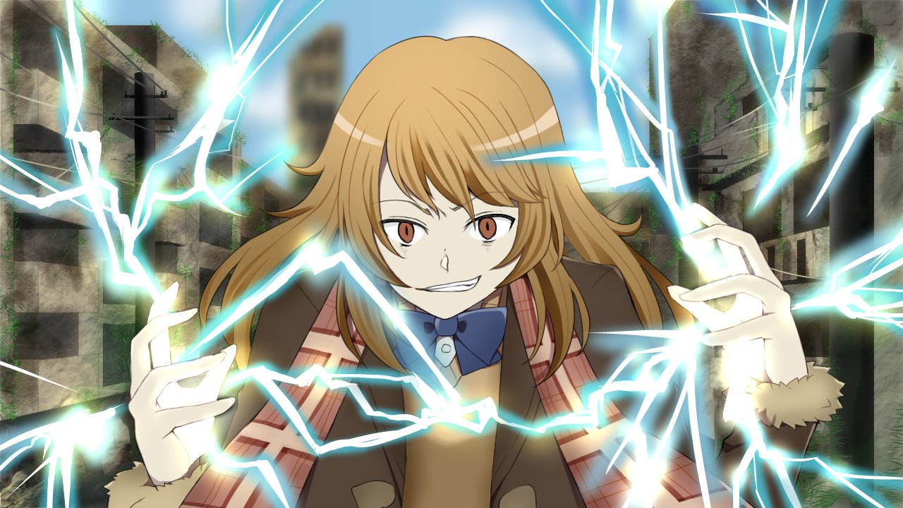 1girl blue_bow blue_bowtie bow bowtie brown_eyes coat coppelion evil_grin evil_smile grin irae_creation light_brown_hair long_hair looking_at_viewer outdoors ozu_kanon pale_skin power_lines ruins scarf smile solo upper_body