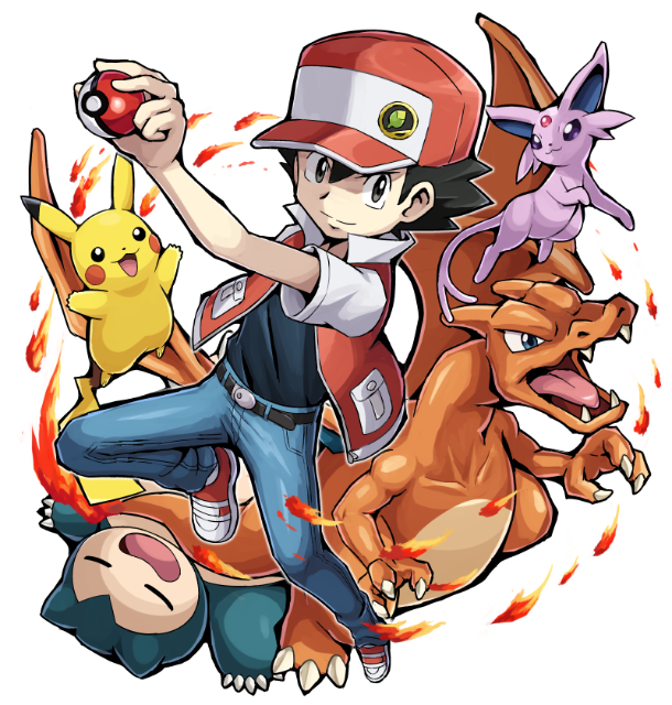 1boy baseball_cap belt black_hair charizard denim earth_badge espeon hat holding holding_poke_ball jacket jeans male_focus open_clothes open_jacket pants pikachu poke_ball pokemoa pokemon pokemon_(creature) pokemon_(game) pokemon_rgby red_(pokemon) red_(pokemon)_(classic) short_sleeves simple_background smile snorlax white_background