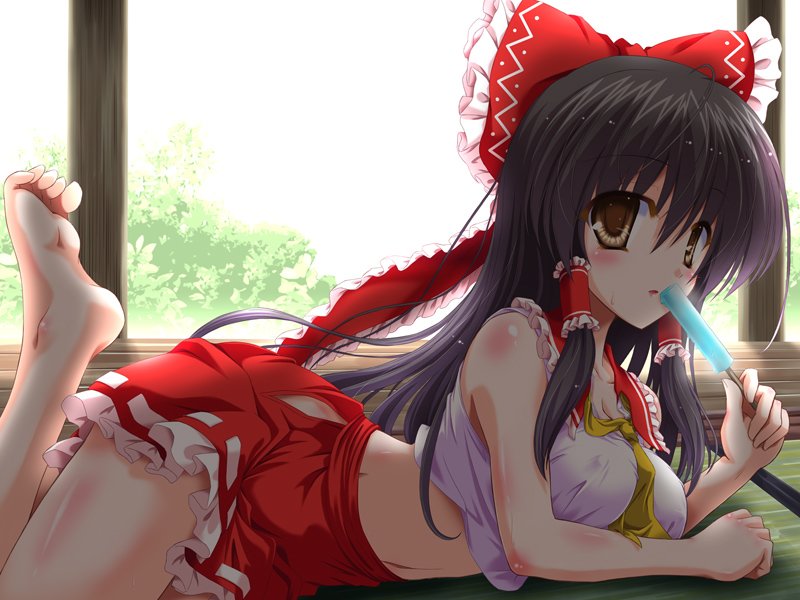 1girl adapted_costume ascot bare_shoulders barefoot black_hair blush bow breasts brown_eyes brown_hair bush cleavage covered_nipples crop_top detached_sleeves frilled_shirt_collar frills hair_bow hair_tubes hakurei_reimu hip_vent leg_up legs_folded long_hair looking_at_viewer lying medium_breasts midriff navel on_stomach parted_lips pillar popsicle red_bow red_skirt shirt skirt sleeveless sleeveless_shirt solo sweat touhou white_shirt wooden_floor yamu_(reverse_noise)