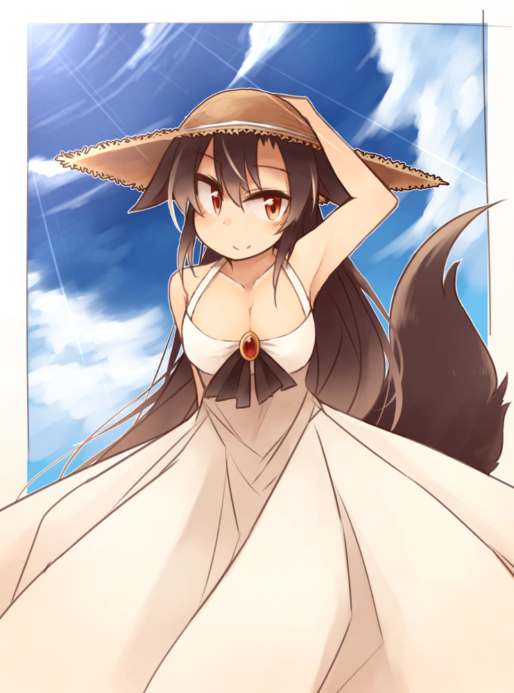 1girl alternate_costume animal_ears armpits bare_shoulders blush breasts brooch brown_hair cleavage dress hand_on_headwear hat imaizumi_kagerou jewelry kaginoni long_hair medium_breasts red_eyes solo straw_hat sundress tail touhou white_dress wolf_ears wolf_tail