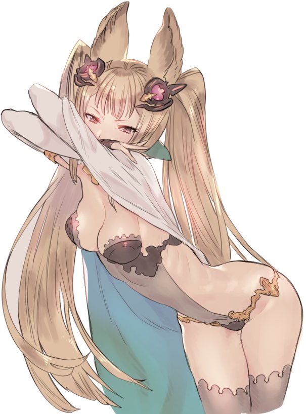 animal_ears bent_over blonde_hair breasts cape commentary_request erun_(granblue_fantasy) granblue_fantasy hair_ornament long_hair metella_(granblue_fantasy) natsuhiko small_breasts thigh-highs twintails