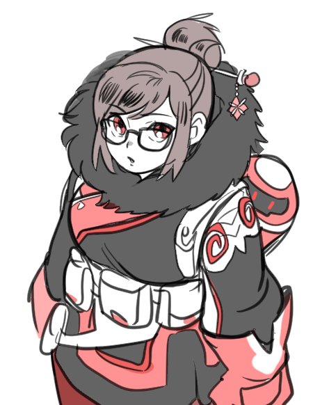 1girl alternate_color bangs beads belt belt_pouch black-framed_eyewear brown_hair canister canteen coat cowboy_shot eyebrows eyebrows_visible_through_hair fur-lined_jacket fur_coat fur_trim glasses gloves hair_bun hair_ornament hair_stick looking_at_viewer mei_(overwatch) open_mouth overwatch parka red_eyes red_gloves short_hair sidelocks simple_background snowflake_hair_ornament solo swept_bangs utility_belt white_background winter_clothes winter_coat