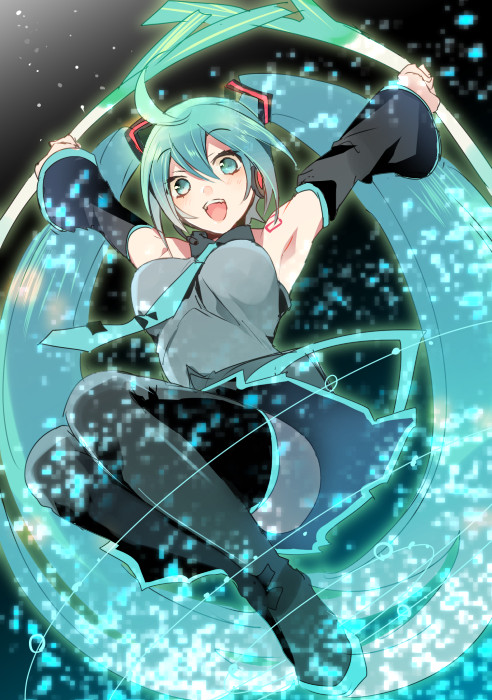 1girl aqua_eyes aqua_hair armpits arms_up boots detached_sleeves hatsune_miku long_hair necktie open_mouth skirt solo spring_onion thigh-highs thigh_boots twintails tyuraba very_long_hair vocaloid