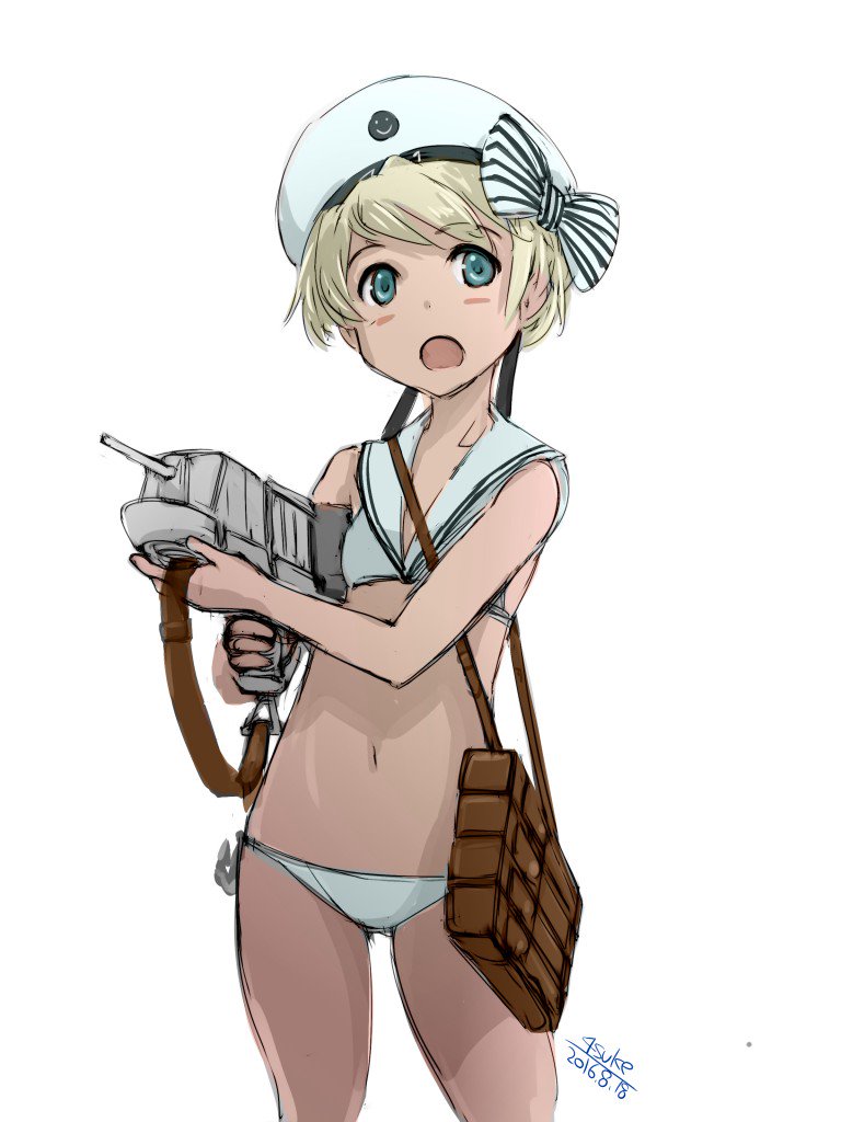 1girl 2016 4suke :o aqua_eyes artist_name bikini blonde_hair bow breasts clothes_writing cowboy_shot dated hat hat_bow holding kantai_collection navel open_mouth sailor_bikini sailor_collar sailor_hat short_hair simple_background small_breasts smiley_face solo strap striped striped_bow swimsuit turret white_background white_bikini white_hat z1_leberecht_maass_(kantai_collection) z3_max_schultz_(kantai_collection) z3_max_schultz_(kantai_collection)_(cosplay)