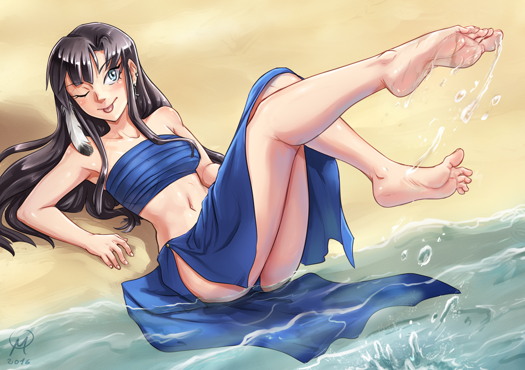 1girl :p barefoot beach black_hair blush earrings feathers feet hair_feathers hair_ornament jewelry long_hair maxa' one_eye_closed original sand sarong soles solo splashing strapless swimsuit toes tongue tongue_out tubetop water wet