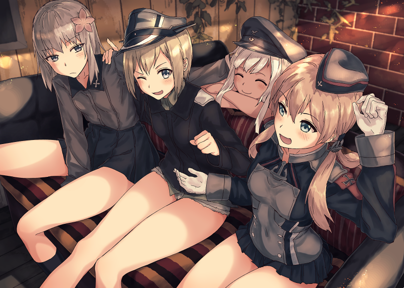4girls :/ :d ;d anchor_hair_ornament anchor_symbol aqua_eyes bangs black_jacket black_legwear black_skirt blonde_hair blue_eyes blurry_background blush breasts brick_wall closed_eyes collared_shirt couch crossover erica_hartmann flower frown furukawa_wanosuke garrison_cap girls_und_panzer gloves grey_hair grey_shirt hair_between_eyes hair_flower hair_ornament hand_on_another's_head hand_on_another's_shoulder hat iron_cross itsumi_erika jacket kantai_collection long_hair long_sleeves looking_at_another low_twintails microskirt military military_hat military_uniform miniskirt multiple_crossover multiple_girls no_pants one_eye_closed open_mouth peaked_cap plant pleated_skirt prinz_eugen_(kantai_collection) ro-500_(kantai_collection) school_uniform shirt short_hair sitting skirt small_breasts smile socks strike_witches tan twintails uniform white_gloves white_hair wooden_wall world_witches_series
