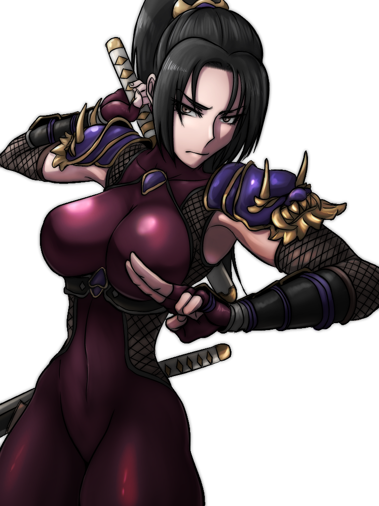 1girl armpits bhm black_hair bodysuit breasts brown_eyes covered_navel fingerless_gloves fishnets frown gloves kodachi large_breasts long_hair looking_at_viewer ninja ponytail ready_to_draw sheath sheathed short_sword shoulder_pads simple_background solo soulcalibur soulcalibur_iv sword taki_(soulcalibur) weapon white_background