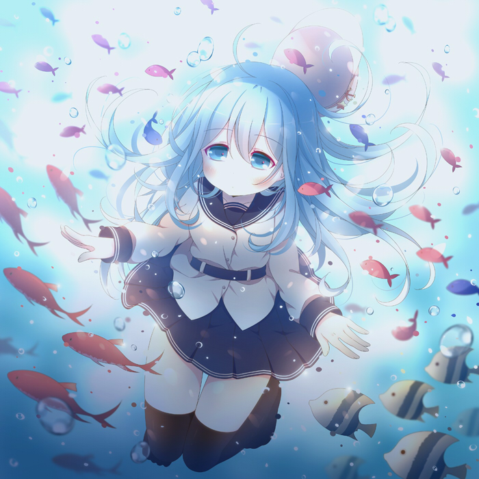 1girl anju_(meipurusanchi) belt black_legwear black_skirt blue blue_eyes blue_hair blush commentary_request fish floating_hair hat hat_removed headwear_removed hibiki_(kantai_collection) kantai_collection legs_together long_sleeves looking_at_viewer no_mouth over-kneehighs skirt solo submerged swimming thigh-highs underwater verniy_(kantai_collection) water