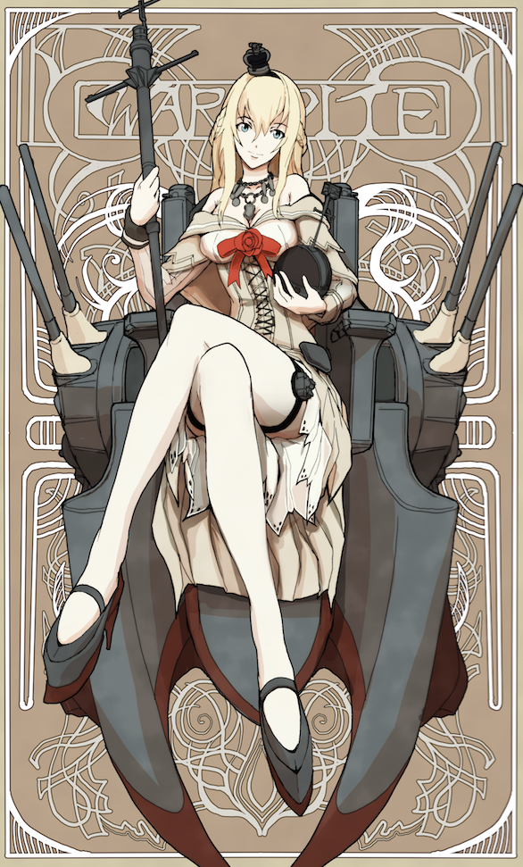 1girl art_nouveau bare_shoulders blonde_hair blue_eyes boushi-ya braid breasts character_name cleavage corset crossed_legs crown dress french_braid garter_straps globus_cruciger hair_between_eyes hairband holding jewelry kantai_collection long_hair machinery md5_mismatch mini_crown necklace off-shoulder_dress off_shoulder revision scepter sitting smile solo staff thigh-highs throne turret warspite_(kantai_collection) white_legwear