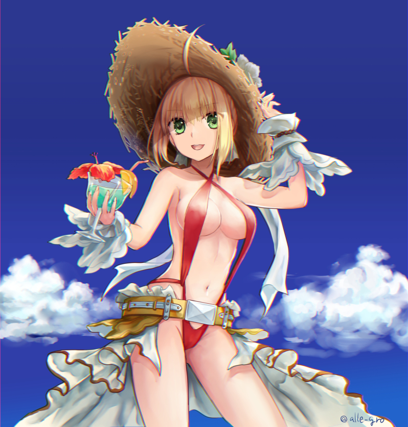 1girl alle_gro belt blonde_hair casual_one-piece_swimsuit contrapposto cup cupping_glass drink drinking_glass fate/extra fate/extra_ccc fate/grand_order fate_(series) green_eyes hat long_hair navel one-piece_swimsuit saber_bride saber_extra sling_bikini smile straw_hat sun_hat swimsuit wrist_cuffs