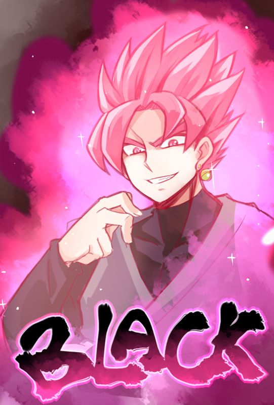 1boy aura character_name ditienan_ddn dragon_ball dragon_ball_super gokuu_black grin jewelry pink_eyes pink_hair single_earring smile super_saiyan_rose