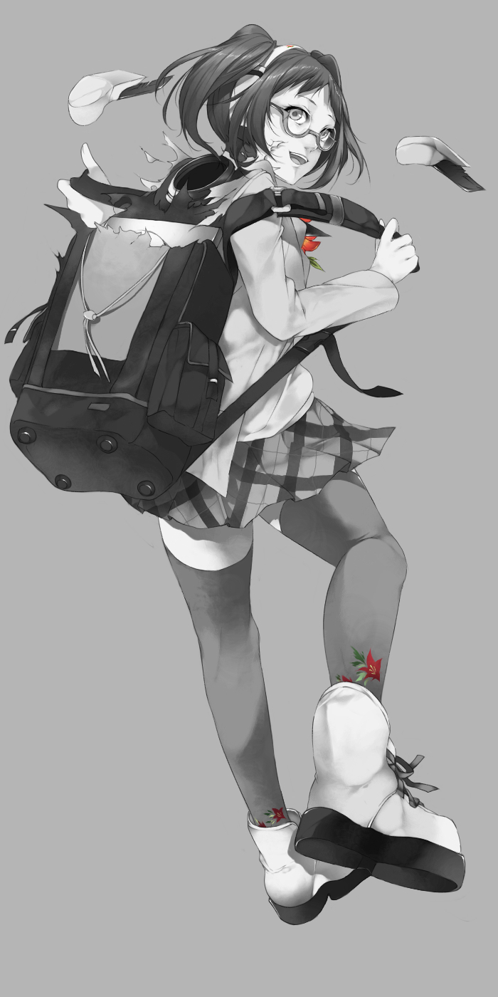 1girl :d backpack bag caligula_(game) floral_print flower full_body glasses haruno14 headphones highres monochrome morita_naruko open_mouth school_uniform short_twintails skirt smile solo spot_color thigh-highs torn_clothes twintails zettai_ryouiki