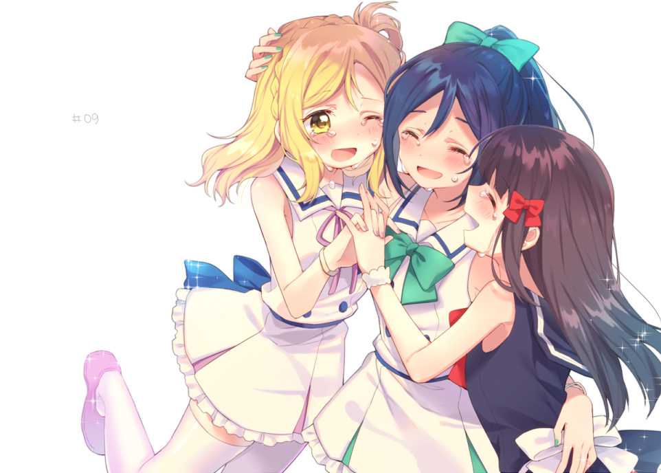 3girls :d ^_^ aqua_nails arm_around_neck arm_around_waist bangs black_hair blonde_hair blue_hair blush bow bowtie bracelet braid closed_eyes crown_braid crying dress frilled_dress frills girl_sandwich green_bow green_bowtie group_hug hair_bow hair_rings hand_on_another's_head happy_tears holding_hands hug jewelry kurosawa_dia long_hair looking_at_another love_live! love_live!_sunshine!! matsuura_kanan multiple_girls nail_polish neck_ribbon ohara_mari one_eye_closed open_mouth pink_shoes pochio_xxx ponytail purple_nails red_bow red_bowtie ribbon sailor_dress sandwiched sash scrunchie shoes simple_background sleeveless sleeveless_dress smile sparkle tears thigh-highs white_background white_legwear wrist_scrunchie