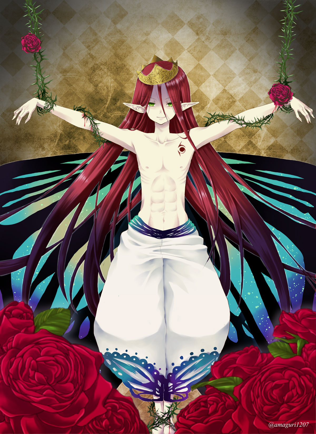 1boy abs amaguri1207 artist_name barefoot blood butterfly_wings crown flower gloxinia green_eyes highres leaf long_hair nanatsu_no_taizai pointy_ears redhead rose shirtless solo tattoo thorns very_long_hair wings