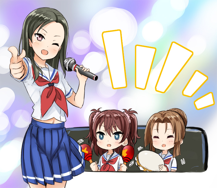 3girls :d ;d ^_^ abe_kanari black_hair blue_eyes brown_hair closed_eyes hair_bun heki_junko high_school_fleet instrument karaoke long_hair looking_at_viewer maracas microphone multiple_girls ogasawara_hikari one_eye_closed open_mouth pointing pointing_at_viewer red_eyes school_uniform serafuku short_hair smile takeda_michiru tambourine twintails two_side_up