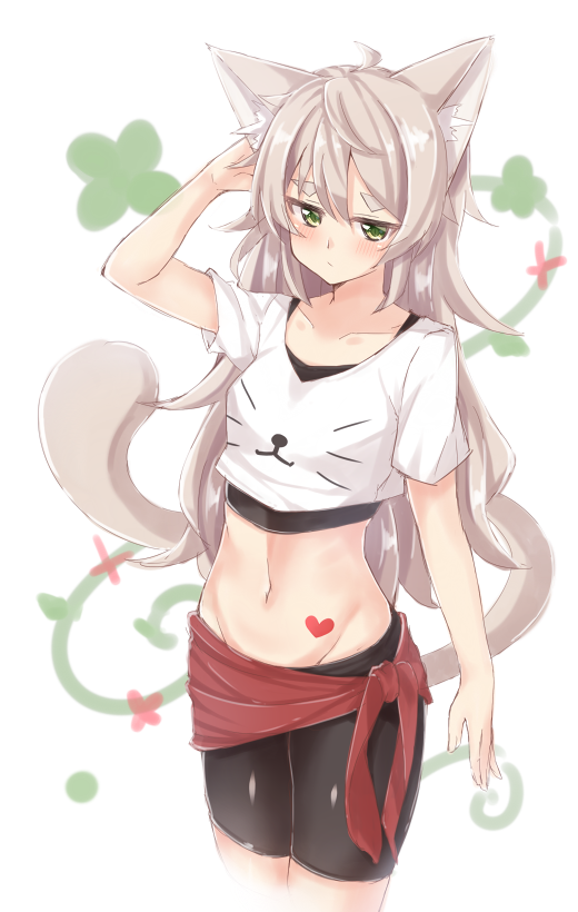 1girl :/ animal_ears arm_behind_head arm_up bike_shorts blush cat_ears cat_girl cat_print cat_tail closed_mouth clothes_around_waist commentary cowboy_shot crop_top green_eyes groin heart_tattoo jiino jitome long_hair looking_at_viewer navel original rikura_(jiino) shirt short_sleeves silver_hair solo stomach tail tattoo undershirt white_shirt