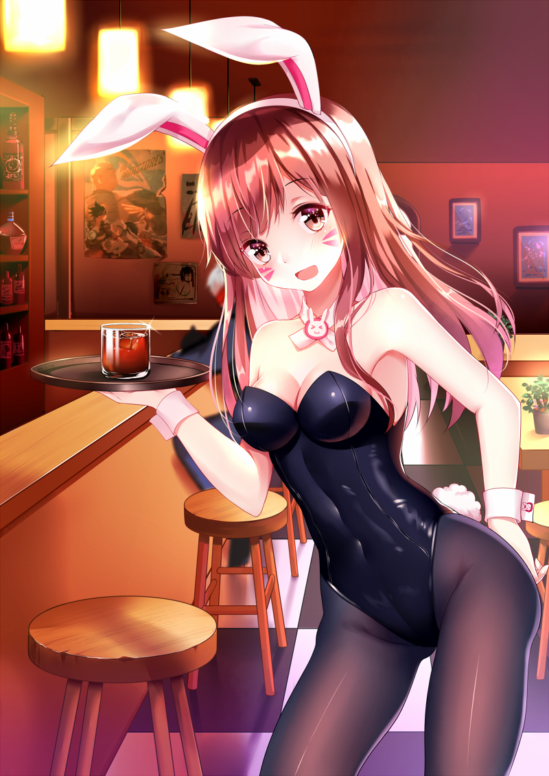 1girl alcohol alternate_costume animal_ears ass_visible_through_thighs bangs bar bare_shoulders black_leotard blush breasts brown_eyes brown_hair bunny_girl bunny_tail bunnysuit checkered checkered_floor choker cleavage counter covered_navel cowboy_shot cup d.va_(overwatch) drink drinking_glass eyebrows eyebrows_visible_through_hair facepaint facial_mark fake_animal_ears flower flower_pot frame glass groin hand_on_ass hand_on_hip hand_up highleg highleg_leotard holding holding_tray ice ice_cube indoors ju_topia leaning_to_the_side legs_apart leotard long_hair looking_at_viewer medium_breasts open_mouth overwatch pantyhose photo_(object) plant poster_(object) rabbit_ears shiny shiny_clothes smile soldier:_76_(overwatch) solo sparkle standing stool strapless strapless_leotard table tail tray whisker_markings whiskey wrist_cuffs