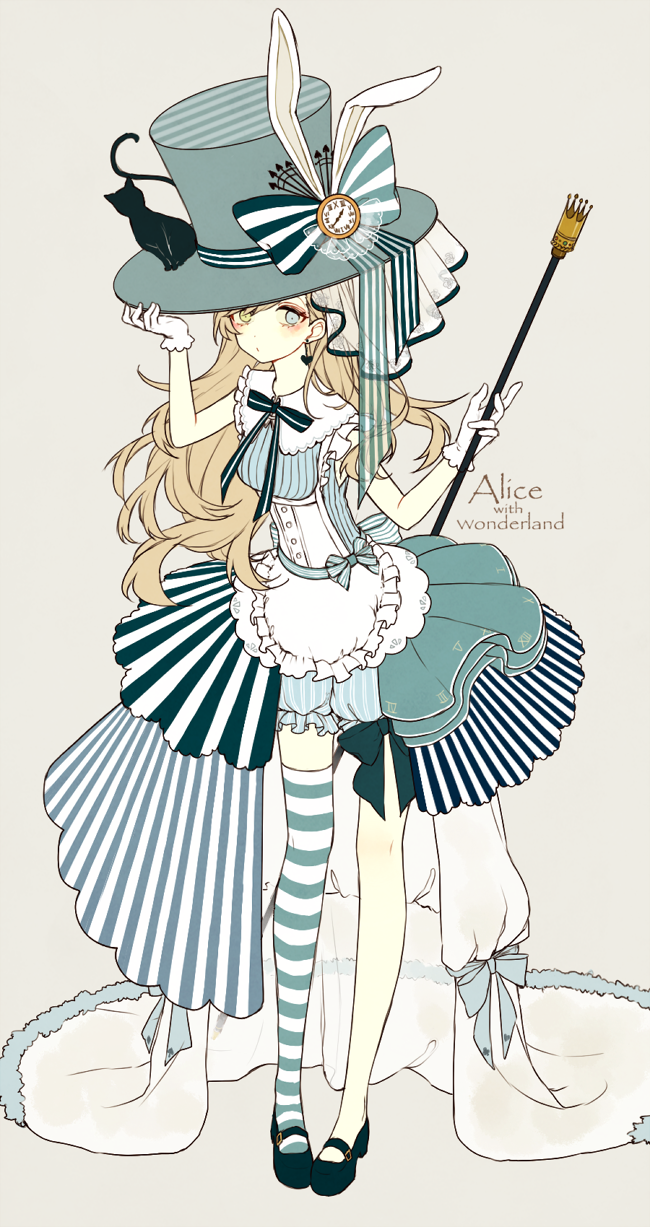 1girl akakura alice_(wonderland) alice_in_wonderland animal animal_ears animal_on_head apron blonde_hair bloomers blue_eyes bow cat cat_on_head clock copyright_name dot_nose earrings frilled_apron frilled_shirt_collar frills full_body gloves green_eyes grey_background hand_on_headwear hat hat_ribbon heart heart_earrings heterochromia highres jewelry long_hair mary_janes neck_ribbon pigeon-toed rabbit_ears ribbon scepter shoes showgirl_skirt simple_background single_thighhigh solo standing striped striped_legwear striped_ribbon thigh-highs top_hat underbust underwear veil white_gloves
