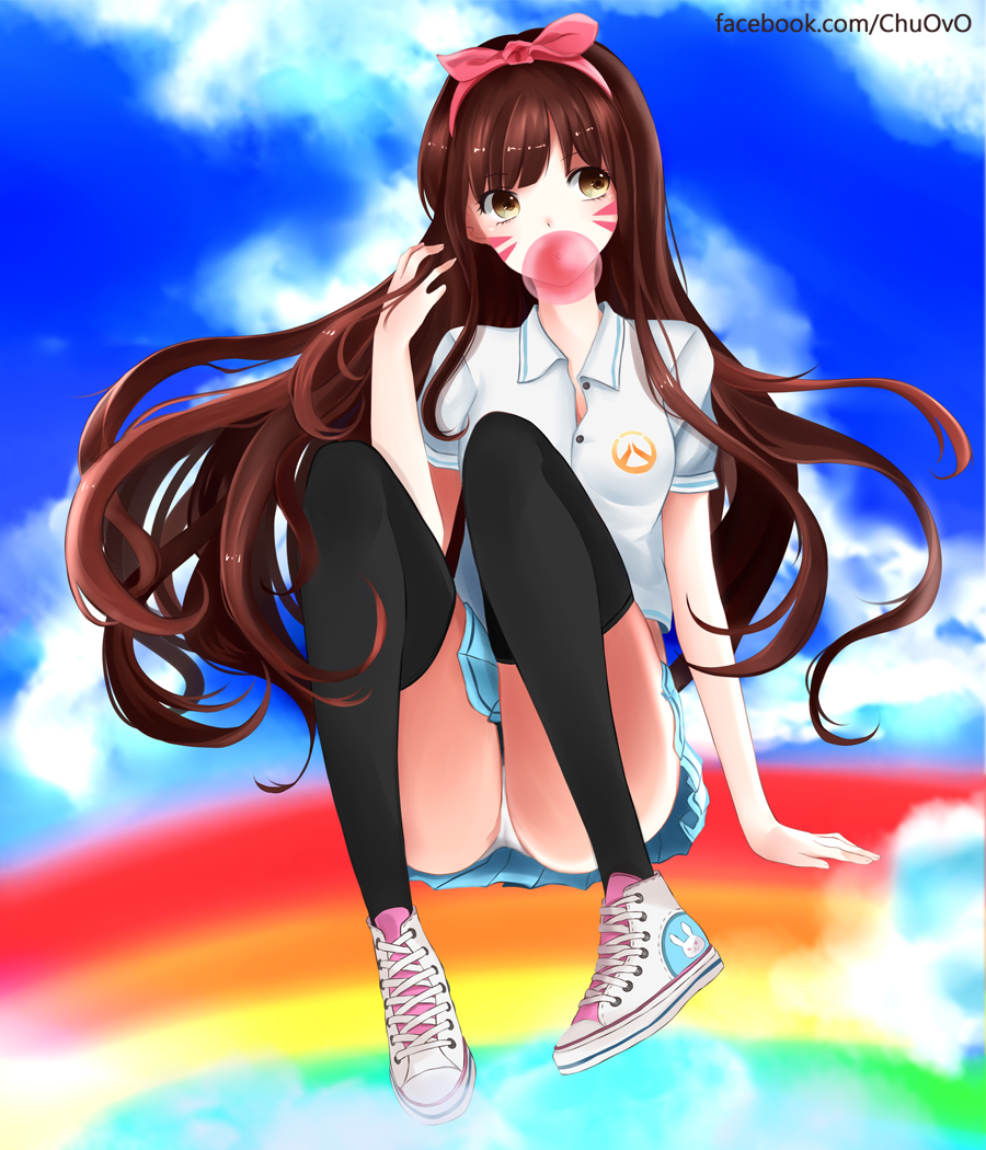 1girl arm_at_side arm_support ass bangs black_legwear blue_skirt blue_sky breasts brown_eyes brown_hair bubble_blowing bubblegum bunny_print buttons chu_(huaha1320) clouds cloudy_sky cross-laced_footwear d.va_(overwatch) emblem eyebrows eyebrows_visible_through_hair eyelashes facial_mark facial_tattoo gum hair_ribbon hairband hand_in_hair hand_up knees_up logo long_hair looking_to_the_side overwatch panties pantyshot pantyshot_(sitting) pleated_skirt rainbow ribbon shirt shoes short_sleeves sitting skirt sky small_breasts sneakers solo tattoo thigh-highs unbuttoned underwear watermark web_address whisker_markings white_panties white_shirt