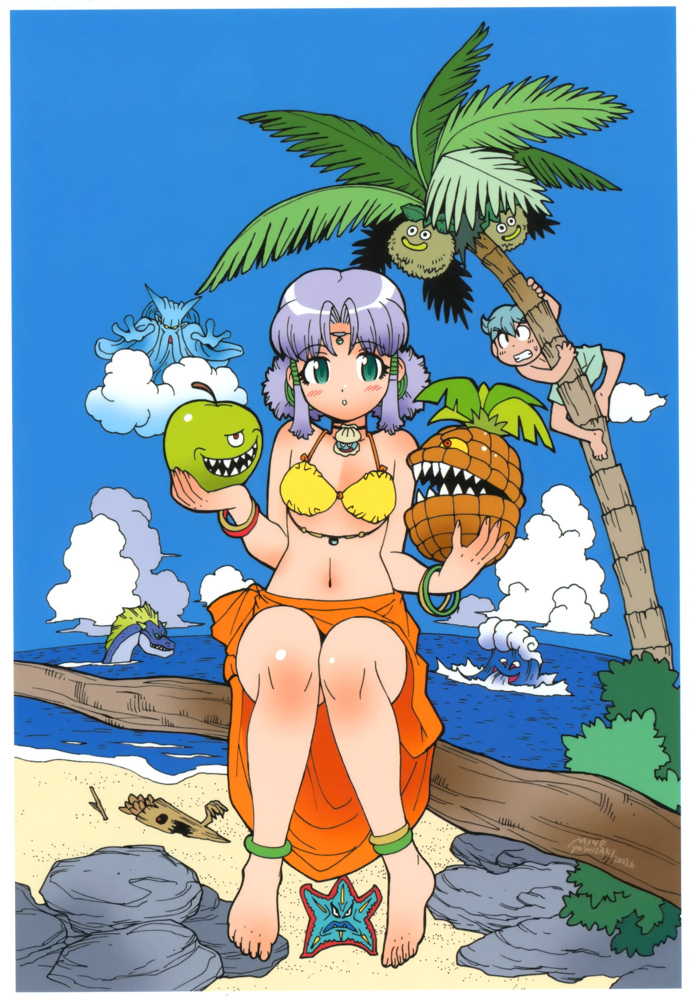 1boy 1girl :o anklet apple beach bracelet climbing dragon_quest food fruit green_eyes jewelry navel outdoors palm_tree pineapple sarong short_hair silver_hair sitting tree yoshizaki_mine