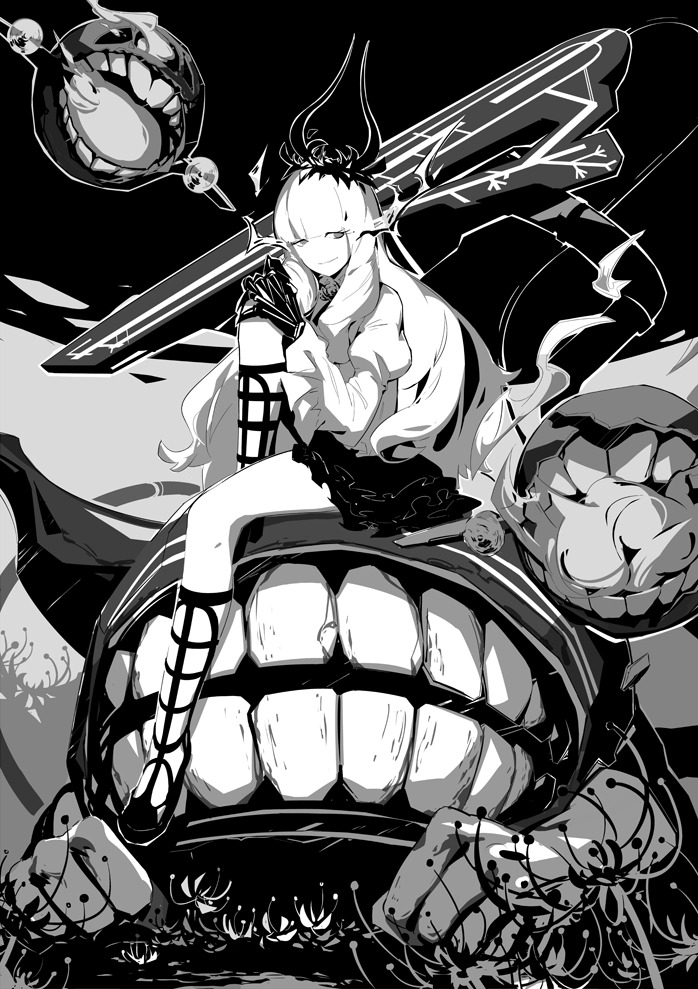 1girl bangs black_background blunt_bangs claws eyelashes fire flower glowing glowing_eyes greyscale horns kantai_collection long_hair long_sleeves looking_to_the_side lycoris_hime miniskirt monochrome monster no_nose puffy_long_sleeves puffy_sleeves rose shinkaisei-kan sitting skirt smile solo spider_lily truc_bui wide_sleeves