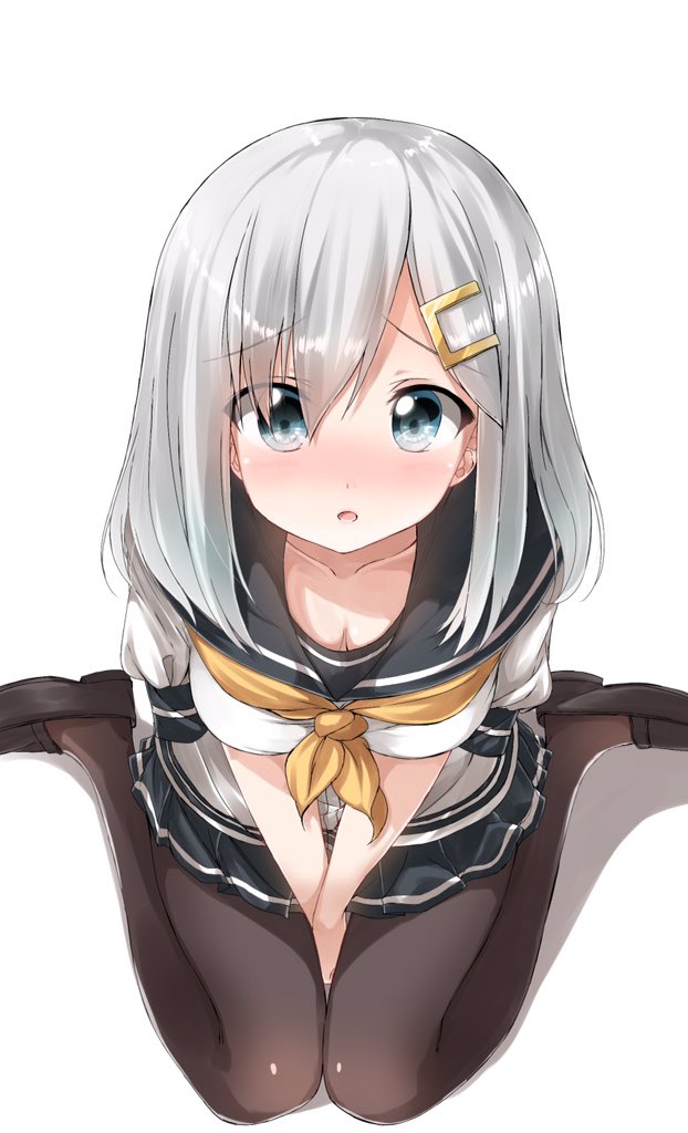 1girl :o between_legs black_legwear black_shoes black_skirt blue_eyes blush breasts cleavage collarbone commentary_request eyebrows eyebrows_visible_through_hair hair_ornament hairclip hamakaze_(kantai_collection) hand_between_legs kantai_collection loafers looking_at_viewer medium_breasts neckerchief open_mouth own_hands_together pantyhose pentagon_(railgun_ky1206) pleated_skirt school_uniform serafuku shirt shoes short_hair short_sleeves silver_hair simple_background sitting skirt solo tareme text v_arms wariza white_background white_shirt