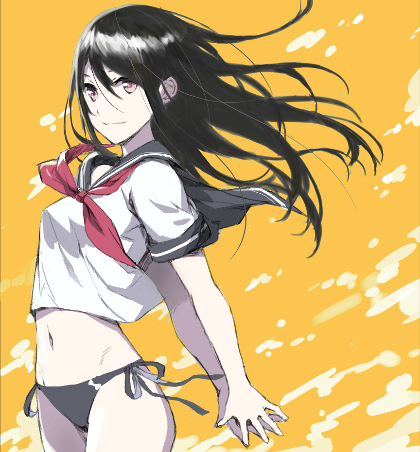 1girl black_hair black_panties black_ribbon breasts character_request closed_mouth cowboy_shot fingers_together floating_hair hair_between_eyes joshi_kousei long_hair navel neckerchief no_pants panties pink_eyes ribbon school_uniform shirt short_sleeves side-tie_panties small_breasts smile solo stomach thighs tonee two-tone_background underwear very_long_hair white_shirt wind