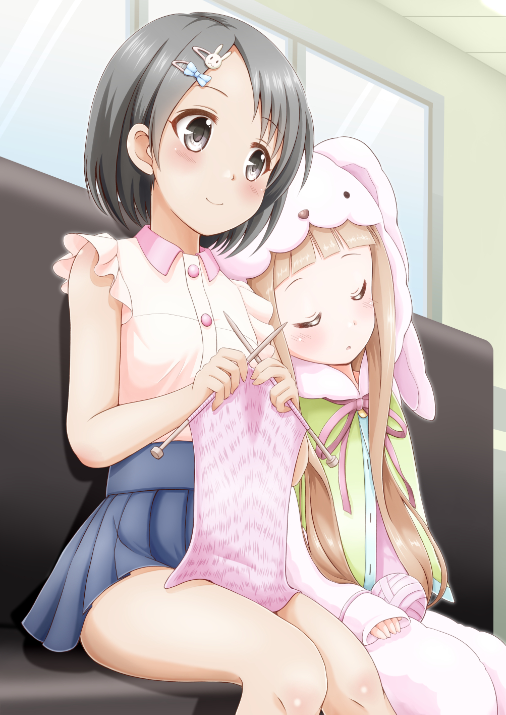 2girls animal_costume black_eyes black_hair blush brown_hair cosplay hair_ornament hairclip highres ichihara_nina idolmaster idolmaster_cinderella_girls kigurumi knitting long_hair multiple_girls regular_mow sasaki_chie short_hair sleeping sleeping_upright smile