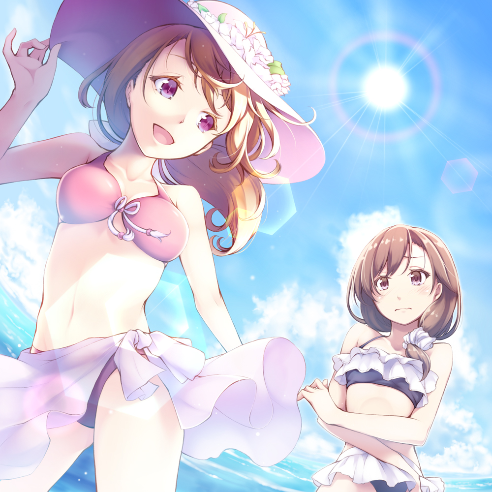 2girls alternate_costume bikini black_bikini brown_eyes brown_hair collarbone colored_eyelashes diffraction_spikes embarrassed flower friends hair_ornament hair_scrunchie hand_on_headwear hat hat_flower horizon lens_flare light_rays long_hair maribel_hearn midorino_eni multiple_girls navel ocean outdoors pink_bikini_top pink_hat purple_bikini_bottom scrunchie shiny shiny_hair slit_pupils sun sun_hat sunbeam sunlight swimsuit thighs touhou usami_renko violet_eyes wading waist wind