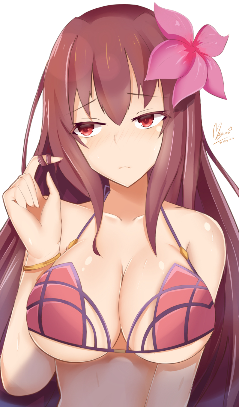 1girl bikini blush breasts fate/grand_order fate_(series) flower hair_flower hair_ornament hair_twirling highres large_breasts long_hair looking_away myumi purple_hair red_eyes scathach_(fate/grand_order) signature simple_background solo swimsuit
