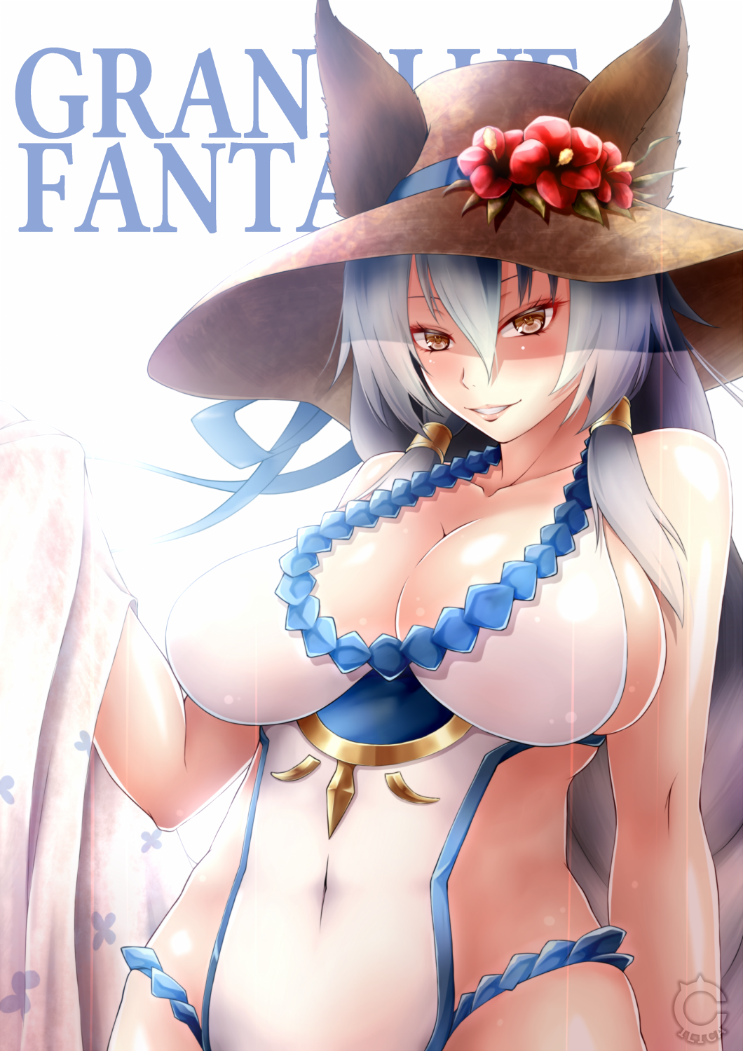 1girl animal_ears arm_at_side braid breasts cilica commentary_request flower frills granblue_fantasy hair_between_eyes hair_intakes hair_tubes hairband hat hat_flower heles highres large_breasts long_hair looking_at_viewer one-piece_swimsuit parted_lips sarong silver_hair single_braid solo straw_hat sun_hat swimsuit very_long_hair white_swimsuit yellow_eyes