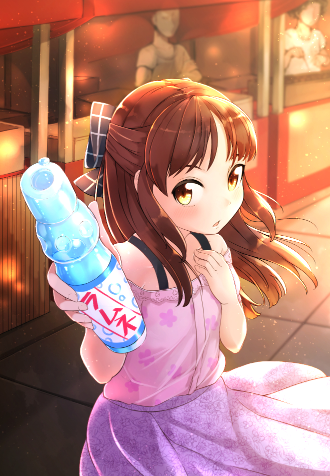 1girl bare_shoulders blush bottle bow brown_eyes brown_hair comah commentary_request dress hair_bow half_updo holding holding_bottle idolmaster idolmaster_cinderella_girls long_hair looking_at_viewer offering_drink open_mouth ramune solo tachibana_arisu