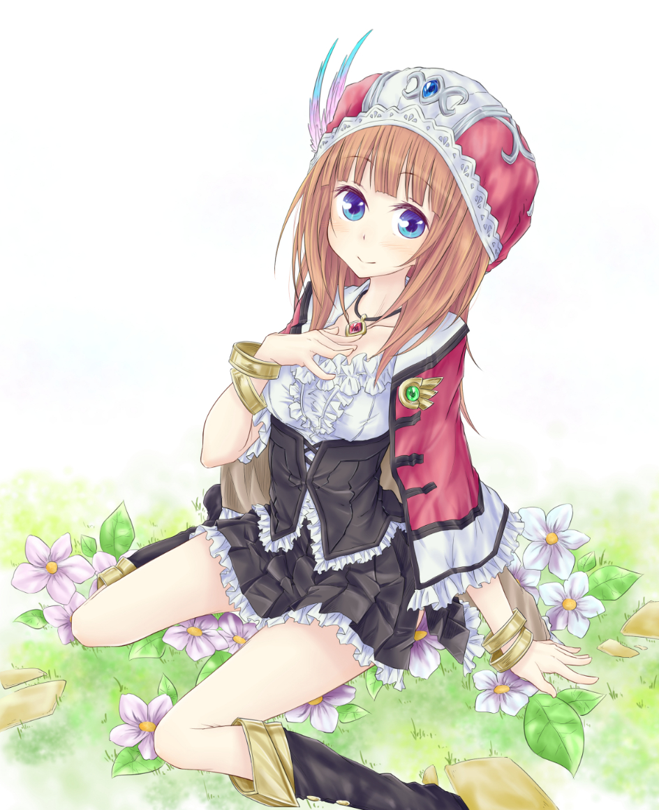 1girl alt atelier_(series) atelier_rorona blue_eyes boots bracelet brown_hair cape corset flower hand_on_own_chest hat jewelry knee_boots long_hair necklace rororina_fryxell shirt sitting skirt smile solo