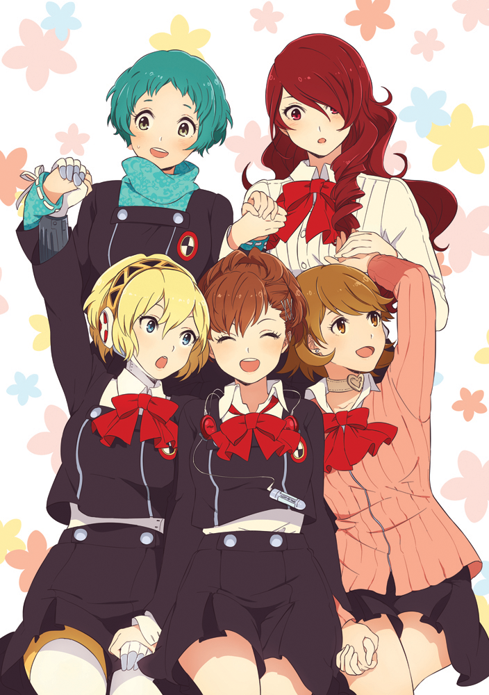 5girls :d :o ^_^ ^o^ aegis aegis_(persona) ai-wa atlus black_skirt blonde_hair blue_eyes blush bow bowtie brown_eyes brown_hair buttons choker closed_eyes collarbone collared_shirt cover cover_page cross_hair_ornament crossed_legs cute doujin_cover drill_hair emblem female_protagonist_(persona_3) floral_background girl_sandwich gloves green_eyes green_hair green_scarf hair_ornament hairband head_tilt headphones headphones_around_neck heart holding_hands human kirijou_mitsuru looking_to_the_side mechanical_arm megami_tensei moe multiple_girls open_mouth persona persona_3 persona_3_portable ponytail red_bow red_bowtie red_eyes redhead robot robot_girl round_teeth sandwiched scarf school_uniform serafuku shiomi_kotone shirt short_hair skirt smile takeba_yukari tareme teeth thigh-highs white_gloves white_shirt wing_collar x_hair_ornament yamagishi_fuuka