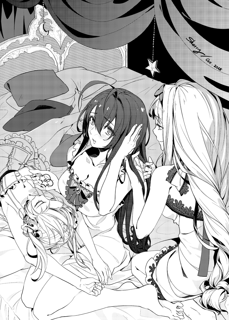 3girls alternate_hairstyle antenna_hair bed bedroom blazblue blazblue_remix_heart blush breasts closed_eyes crescent genderswap genderswap_(mtf) greyscale hair_down hairband hairdressing hand_in_another's_hair hand_in_hair kajun_faycott large_breasts long_hair looking_at_another lying mai_natsume monochrome multiple_girls nightgown on_back open_mouth pillow selenoring shiori_kirihito sitting sleepover smile two_side_up very_long_hair