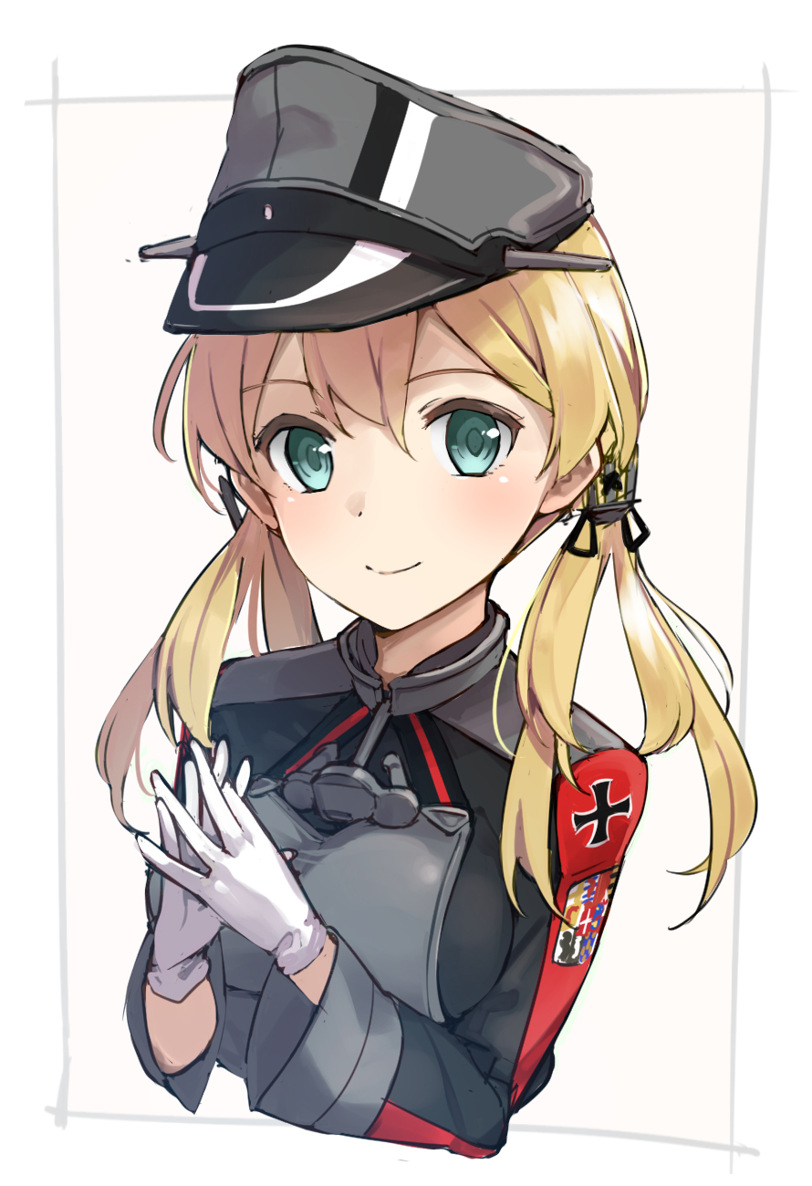 1girl anchor_hair_ornament aqua_eyes bangs black_ribbon blonde_hair blush gloves hair_ornament hands_together hat highres iron_cross kantai_collection long_hair long_sleeves looking_at_viewer low_twintails max_melon_teitoku military military_hat military_uniform own_hands_together peaked_cap prinz_eugen_(kantai_collection) ribbon simple_background smile solo twintails uniform white_gloves