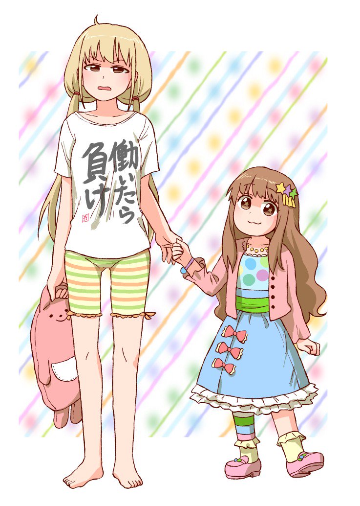 +_+ 2girls :3 abekawa alternate_height annoyed asymmetrical_legwear bangs barefoot bike_shorts blonde_hair blush brown_hair clothes_writing dress frilled_dress frills futaba_anzu hair_ornament height_switch holding_hands idolmaster idolmaster_cinderella_girls jewelry long_hair moroboshi_kirari multiple_girls necklace open_mouth pants polka_dot polka_dot_dress ribbon role_reversal sash shirt shorts size_difference star star_hair_ornament striped striped_shorts stuffed_animal stuffed_bunny stuffed_toy t-shirt tight tight_pants twintails vest wavy_hair you_work_you_lose